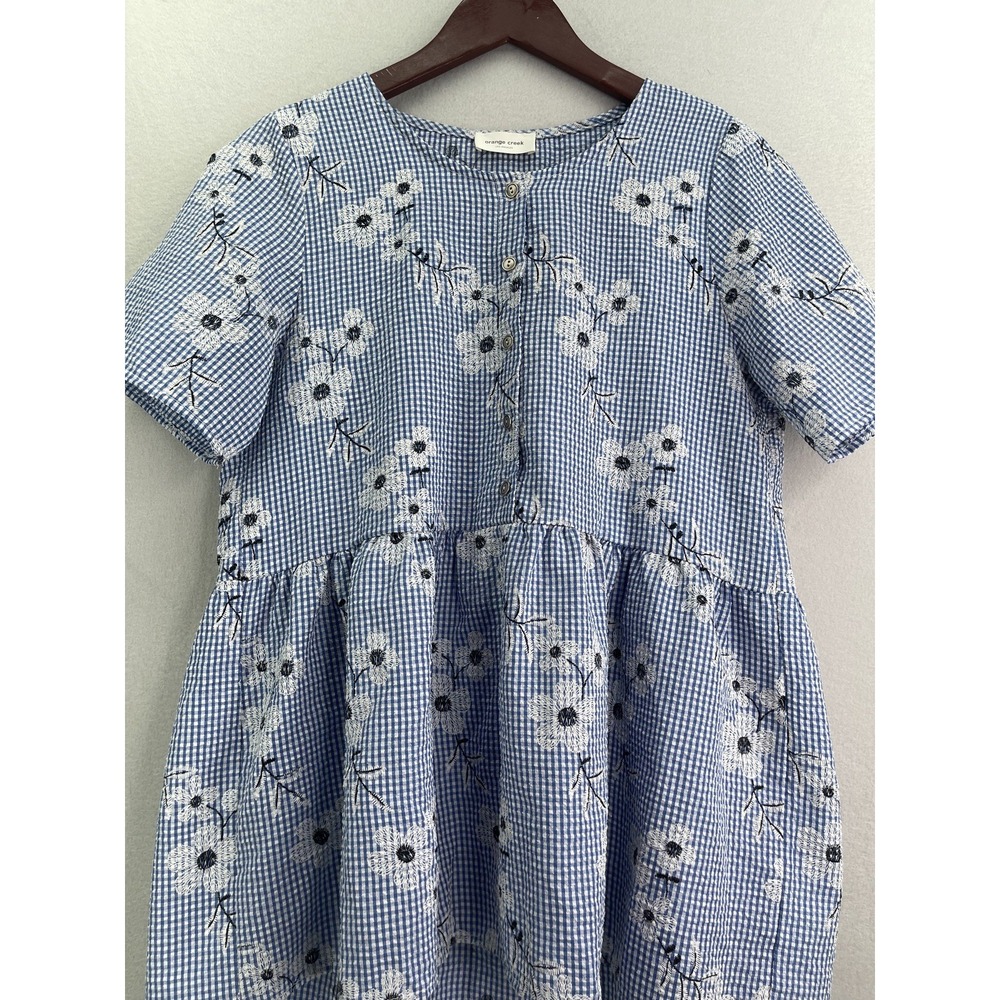Orange Creek Los Angeles Women Large Blue Gingham Floral Embroidered Tiered Top